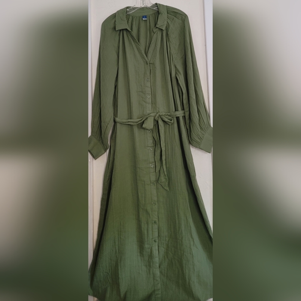 New Old Navy Sage Green Belted Midi Shirt Dress Size XXL Long Sleeve Cotton - Picture 5 of 16